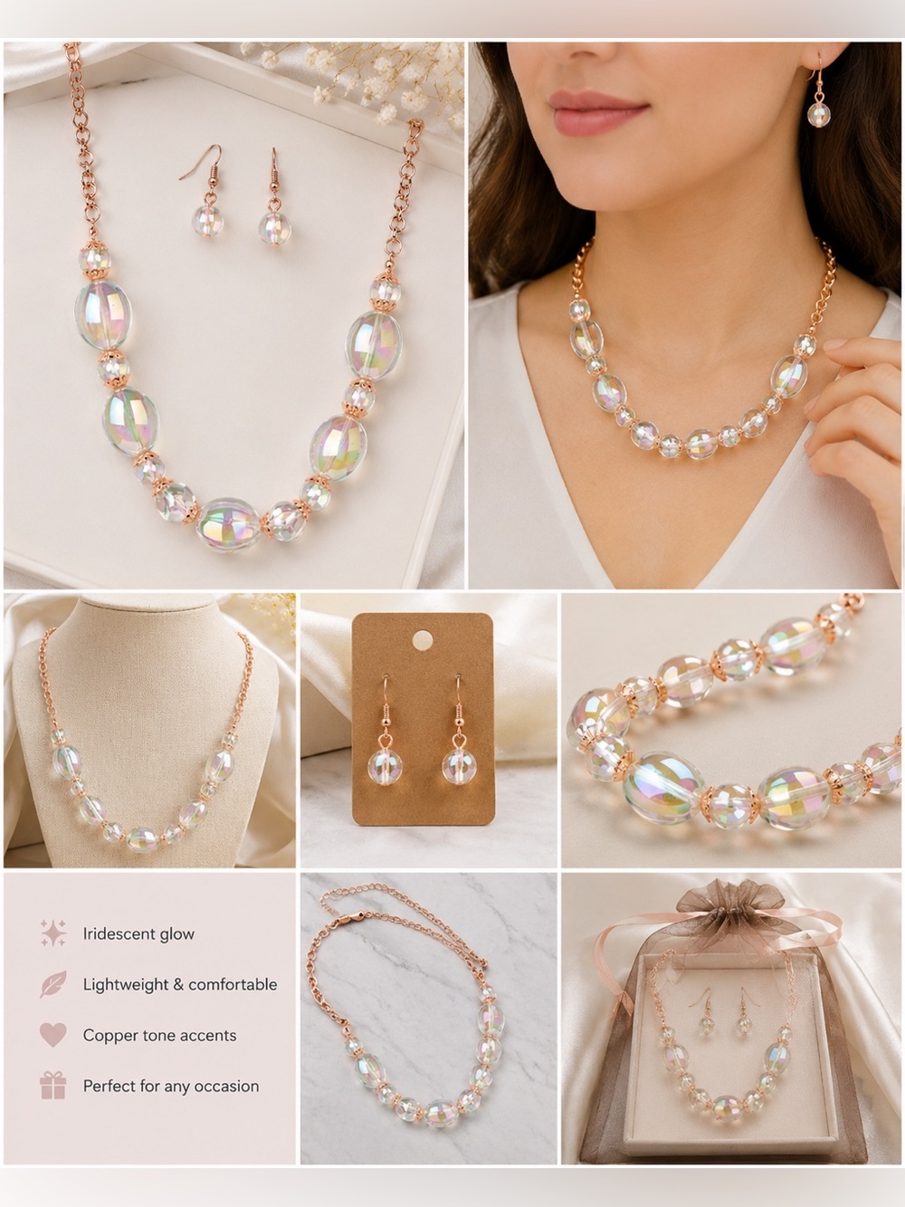 Iridescent Crystal Beaded Necklace & Earrings Set Copper Tone Statement Jewelry